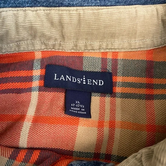 Lands' End Denim Shacket with Orange Plaid Lining - Picture 2 of 9